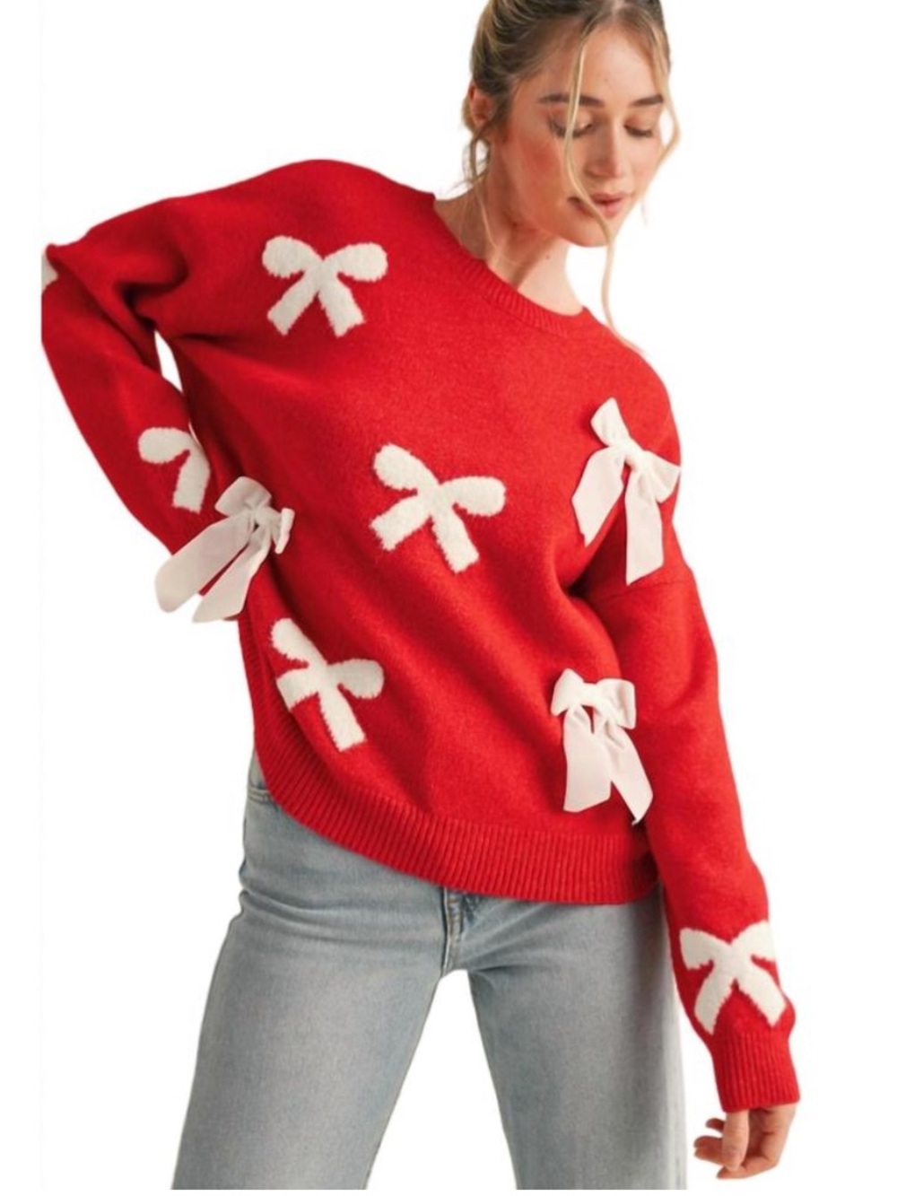 &MERCI 3-D velvet bow knit sweater red white crewneck oversized festive holiday